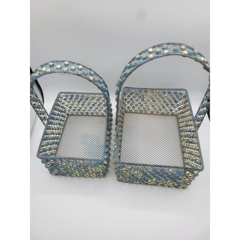 Vintage Beaded Wire Mesh Basket Set 2pc Blue Gold Cottagecore Decorative Storage